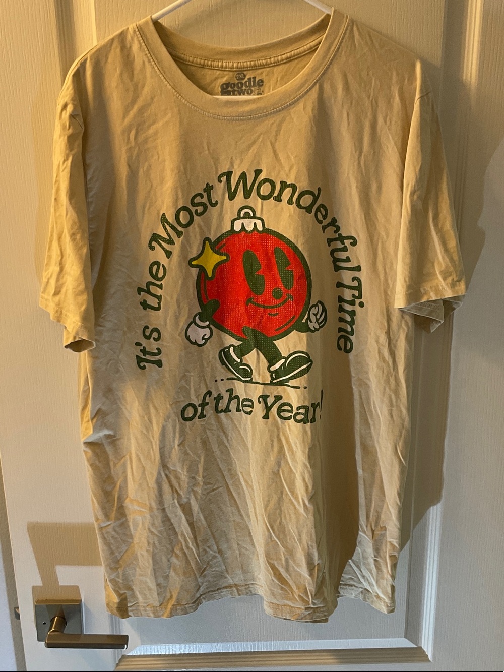 Mens Cream Holiday Graphic Tee - Red Ornament Print